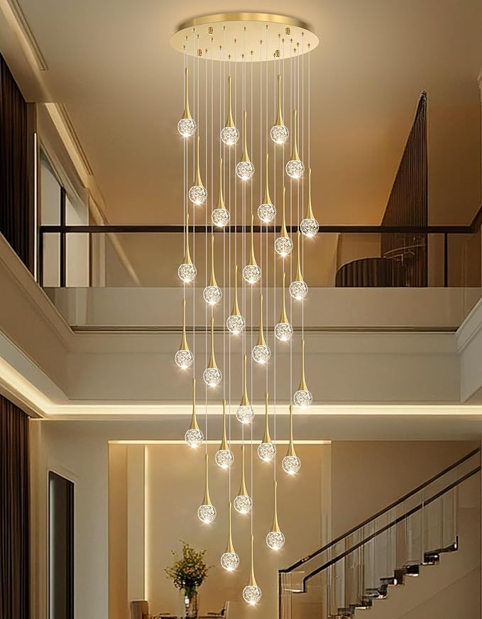 30 Light Modern Glam Crystal Chandelier for High Ceiling LED Dimmable Ceiling Pendant Light Staircase Foyer Enterway Living Room Chandelier Lighting Antique Gold