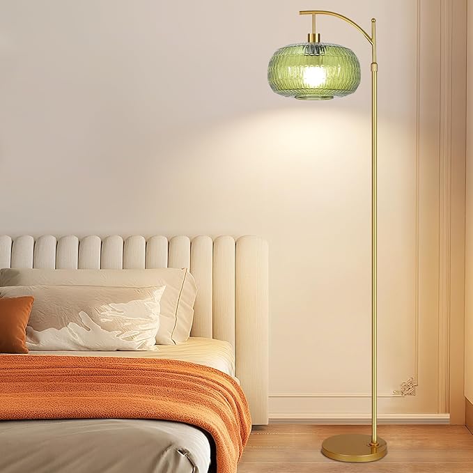Glass Floor Lamp for Living Room,Bedroom,Gold Mid Century Modern Standing Lamp with Remote,Dimmable Brass Tall Lamp Vintage Retro Green Arc Flower Floor Light Boho Bohemian