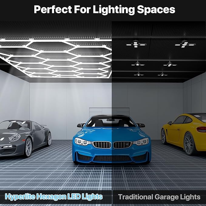 HYPERLITE Gen 2 Hexagon Garage Lights: 399W 39900LM 14 Grids Hexagon Led Light, 6500K Ultra Bright Honeycomb Hex Lights, Easy Install, Durable Design for Garage, Car Detailing, Workshops, Shops, Gym