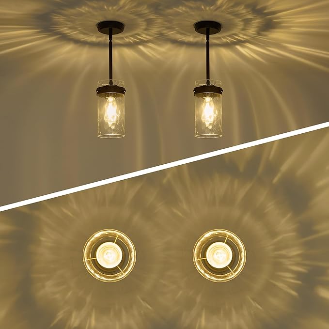 4.72" Hammered Glass Pendant Lighting for Kitchen Island 2 Pack, Modern Black Pendant Light Fixtures, Adjustable Ceiling Pendant Light for Kitchen Island Dining Room Bedroom Hallway