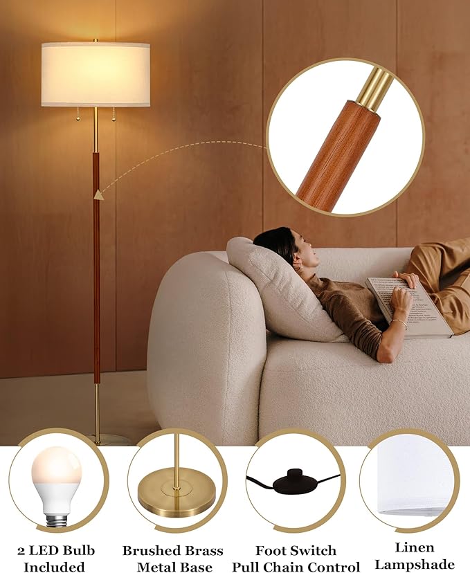 ELYONA 2-Light Wood Floor Lamp for Bedroom Mid Century Modern Standing Lamp White Fabric Shade Tall Pole Corner Light for Living Room Office 3 Color Temperatures 9W LED Bulbs Include, Brushed Brass