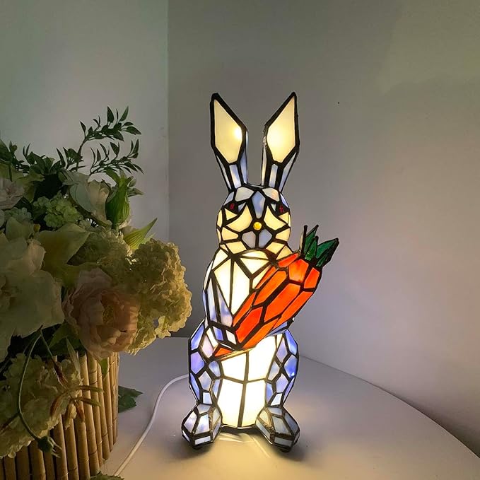 Bieye L10885 Rabbit Holds Carrot Tiffany Style Stained Glass Accent Table Lamp for Home Decor (Blue)