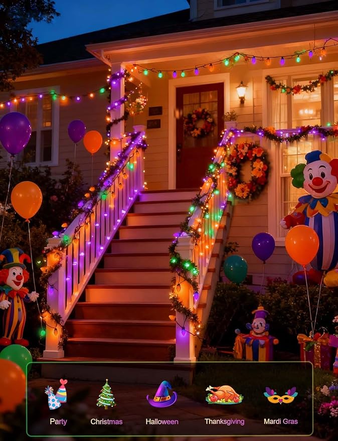 Mardi Gras String Lights C7 50L Halloween Solar Lights Outdoor Yellow Green Purple Light Outdoor Lighting with 8 Modes for Mardi Gras Party Patio Garden Tree Yard
