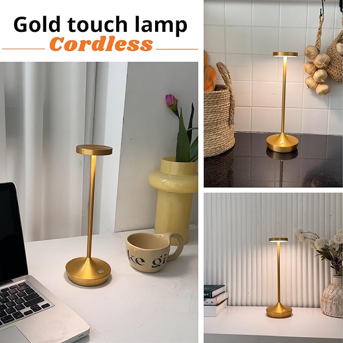 Rechargeable Table Lamp Cordless - 6000mAh Battery Operated LED Table Light - Portable Touch Dimmable Outdoor Waterproof Table Lamps for Patio Restaurant Dining (2 Gold)