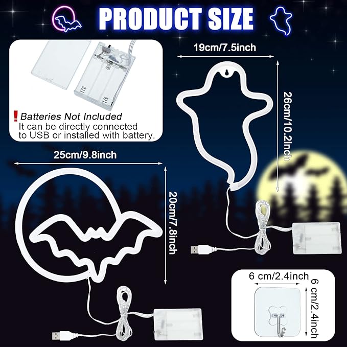 Amylove 2 Pcs Halloween Decoration LED Neon Sign Lights, Ghost and Bat LED Neon Lights, Glowing Moon Hanging Sign USB/Battery Powered for Halloween Party Wall Window Decor Gift Indoor