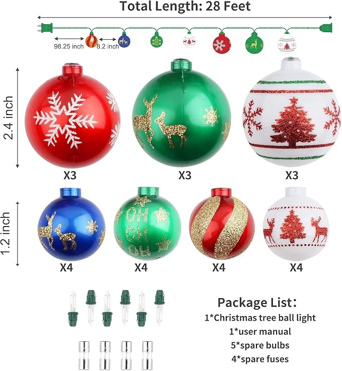 Christmas Ball Ornament Lights,28ft 25 Bulbs Christmas Tree Lights, Indoor Christmas String Lights,Plug in Expandable Wire Lights for Christmas Holiday Party