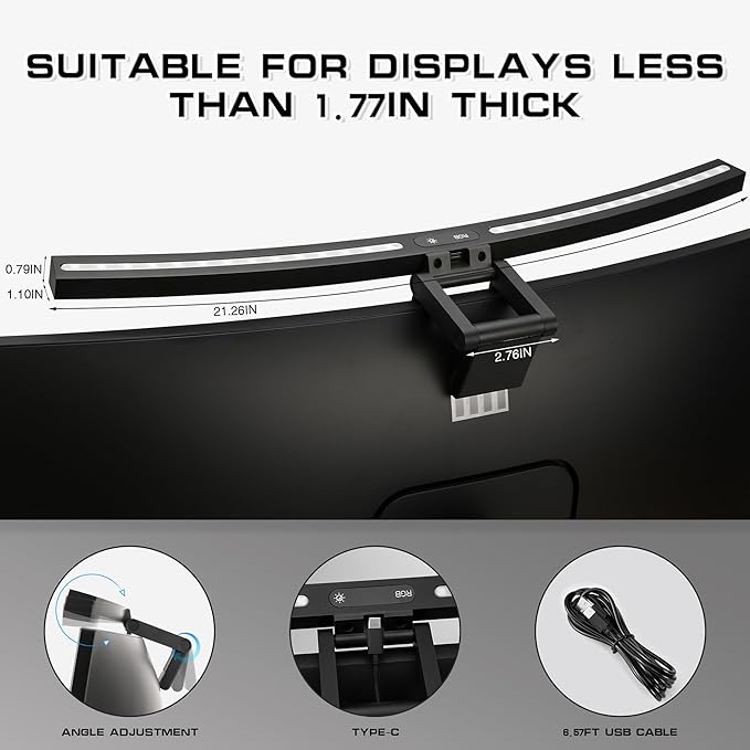 Curved Monitor Light Bar with RGB Backlight,3 Color Temperatures & Stepless Dimming,Music Sync LED Screenbar with Touch Control Button for Over Computer Screen