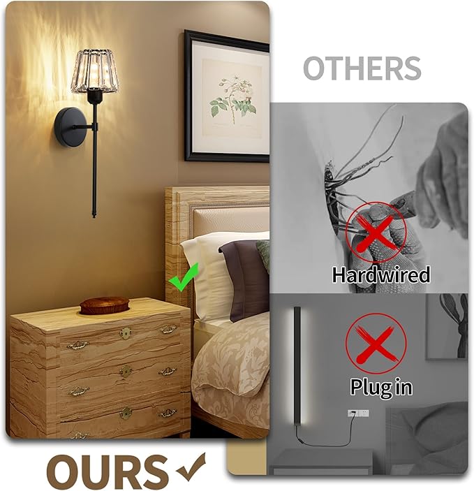 Battery Operated Crystal Wall Sconce Set of 2, Black Rechargeable Wireless Wall Sconces with Remote Dimmable 12 Colors Modes Led Wall Lights, Wall Lamp for Bedroom Living Room Hallway 2 Bulbs Included