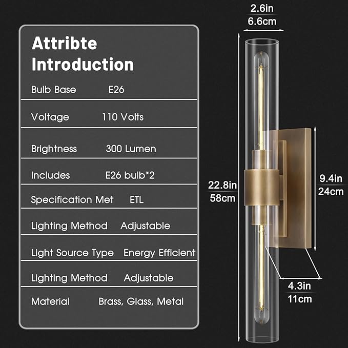 Brass Vanity Light Hardwired, 2-Light Bathroom Wall Sconce Over Mirror, 22.8" Gold Vanity Lights for Bathroom, Dimmable Wall Sconce with Glass Tube, Linear Wall Sconces for vertical and horizontal