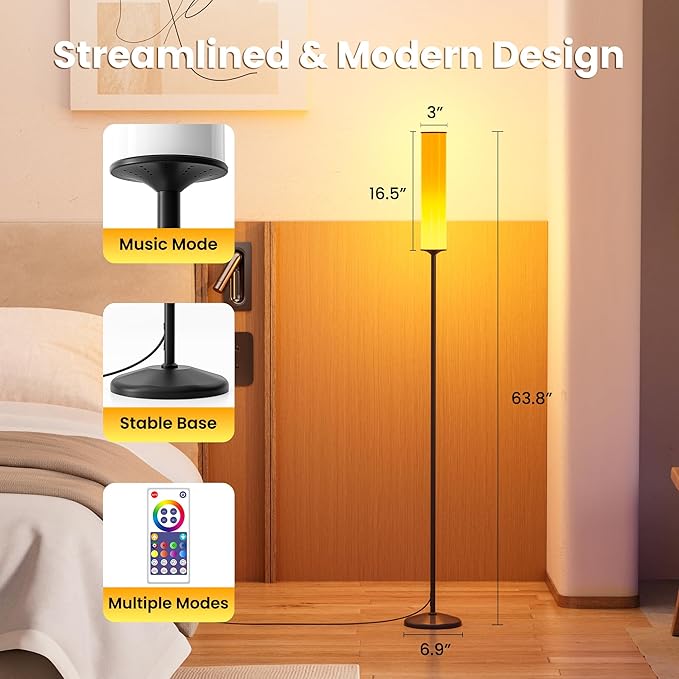 RGB Cylinder Floor Lamp, 1500Lumen Smart Floor Lamps, DIY Mode, Music Sync, Compatible with Alexa, Google, and Apple, for Living Room, Bedroom, Gaming, with Three Stickers