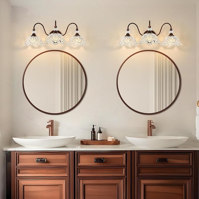 Oil Rubbed Bronze Bathroom Vanity Light, 3-Light Vintage Vanity Light with Floral Clear Glass Shades, Retro Wall Mount Lighting for Bathroom, Dressing Table