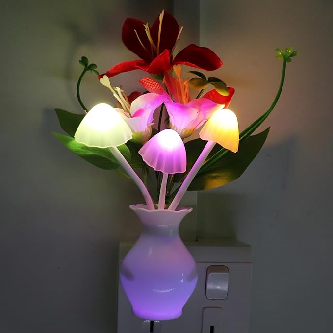 AUSAYE Plug-in Night Light with Auto Light Sensor,RGB LED Mushroom Night Light Wall Red Lily Flower Lamp for Adults Kids Nursery Room,Bedroom,Lounge,Bathroom,Stairs