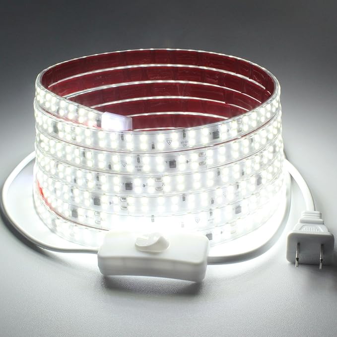16.4FT LED Strip Light AC 110V-120V LED Rope Lights Outdoor Waterproof IP65 6000K Cold White 240LEDs/m Flexible Adhesive LED Tape Lights with Switch for Bedroom Cabinet Lighting