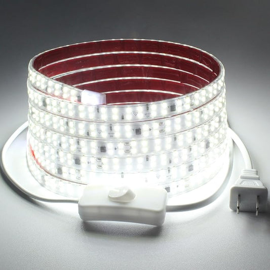 16.4FT LED Strip Light AC 110V-120V LED Rope Lights Outdoor Waterproof IP65 6000K Cold White 240LEDs/m Flexible Adhesive LED Tape Lights with Switch for Bedroom Cabinet Lighting