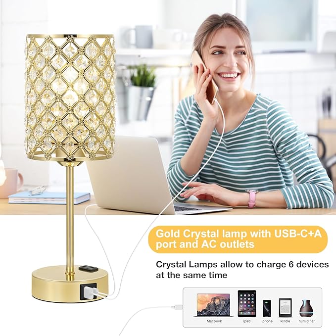 Touch Control Crystal Table Lamp-Dimmable Nightstand Lamp with USB-C+A & AC Charging Ports, 3-Way USB Gold Lamp, Bedside Desk Light for Bedroom Living Room Home Office(Bulb Included & Set of 2)