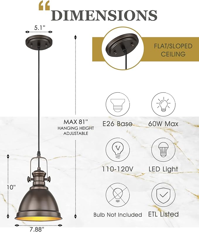 2-Pack Pendant Lights Kitchen Island, 8" Farmhouse Hanging Lights Fixtures with Metal Shade, Rustic Kitchen Pendant Lighting Over Island for Dining Room, Oil Rubbed Bronze, AD-2151-2PM-ORB
