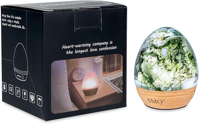 SMQ Moss Agate Crystal Night Light with Rechargeable 2 Colors Touch Control Table Lamp with Wooden Base for Kids Adult Living Room Bedroom(Egg-Shape)