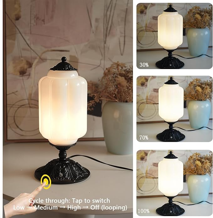 Vintage Milk Glass Touch Table Lamp, Elegant white Glass Bedside Desk Lamp 3 Way Dimmable with USB C+A Charging Ports - Bedroom Nightstand & Living Room Essential, 4W Bulb Included (white, 6.5)