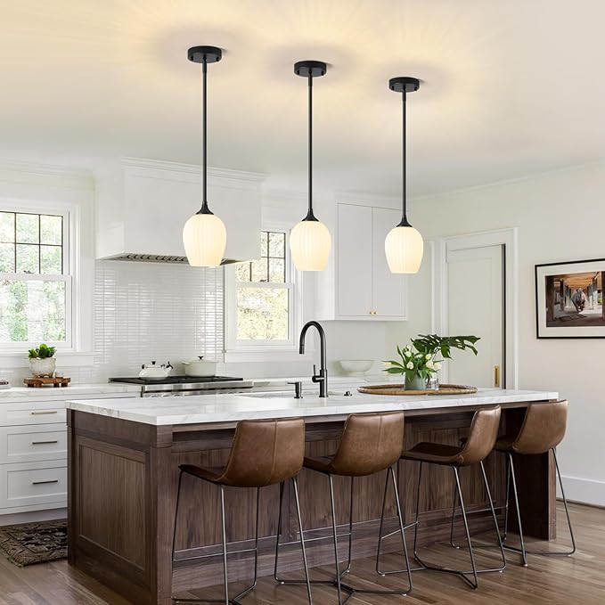 Milk Glass Pendant Lights Kitchen Island, 1-Light 5.8" Black Modern Pendant Light Fixtures with Rods, Mini Hanging Lighting for Kitchen Island Sink Bathroom Dining Room, E26 Base