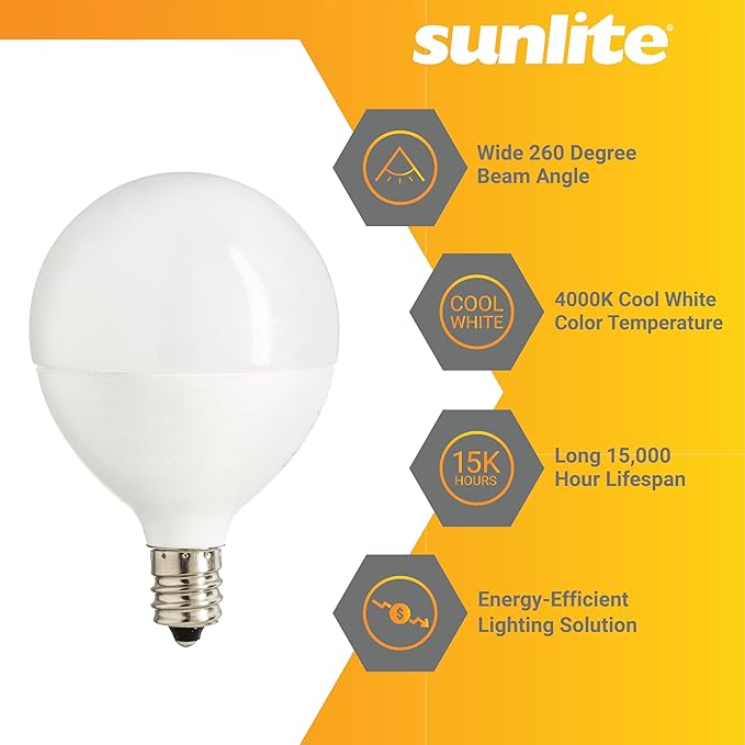 Sunlite G16.5 Light Bulb LED, 5W (40W Equiv.), 350 Lumens, Dimmable, Type G Globe Shape E12 Candelabra Base, Short Bulbs, Vanity Mirror Bulbs, 4000K Cool White, Frosted, 6 Count