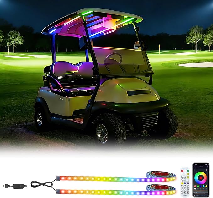 USB Powered Golf Cart LED Strip Lights, 47.25'' Dreamcolor RGB Roof Canopy Light with APP & Remote, IP68 Waterproof, Music Sync, Plug & Play, 72 LEDs for EZGO Yamaha Club Car Golf Carts