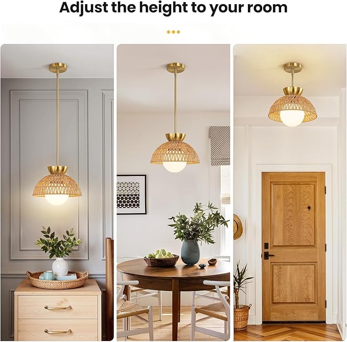 Rattan Pendant Light, 11.8" Hand Woven Boho Pendant Light Fixture with Milk Glass Globe, Gold Kitchen Pendant Lighting Over Island Adjustable Chandelier for Dining Room Hallway Foyer