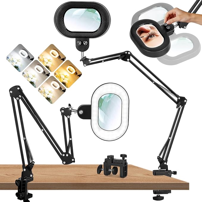 Ultra Long Arm Magnifying Glass with Light, Three-axis Rotation Infinite Color Dimmable 12X Magnifying Lamp, Large Lighted Magnifier Workbench Light for Close Work, Craft, Repair, Reading,Sewing