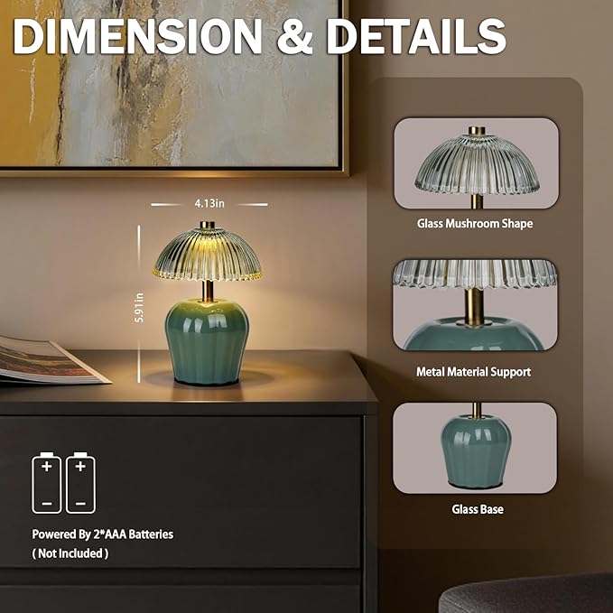 MJ PREMIER Small Cordless Lamp, Battery Operated Lamp with Timer, Mini Crystal Glass Mushroom Lampshade, Cute Small Table Lamps, Decorative Led Light for Bedroom Living Room Shelf (Green)