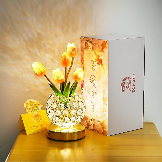 Birthday Gifts for Women Mothers Day Gifts For Mom Table Lamp, 3 Color Crystal Flower Bedside Lamps Infinitely Dimming with USB Charge Small Night Light,Nightstand Touch Lamp for Bedroom (gold-tulip)