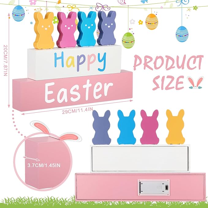 Bucherry Light up Happy Easter Sign Decorations Wooden Easter Bunny Decoration with LED Lighted for Table Pastel Farmhouse Spring Decor for Tiered Tray Shelf Decor for Home Living Room