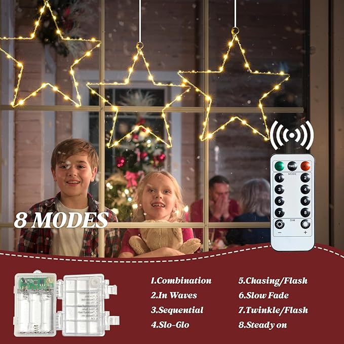 80 LED Star Christmas Decorations Lights Indoor, 3 Packs Battery Operated Hanging Cozy String Lights with Timer, 8 Modes Warm White Outdoor Christmas Decorations