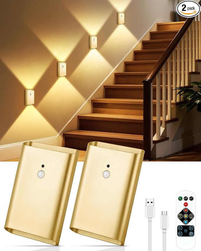 Rechargeable Motion Sensor Wall Sconce Set of 2 – 5000mAh Wireless Battery Operated Wall Light Indoor,3 Colors Up/Down Lighting Magnetic Night Light with Remote Control for Bedroom,Hallway (Gold)