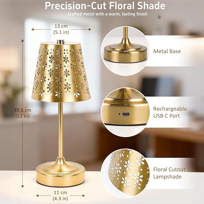 Rechargeable Cordless Table Lamp, Touch Control Battery Powered Bedside Lamp with Floral Cutout Shade, 3 Color Stepless Dimmable Decorative Nightstand Lamp for Bedroom (Gold)