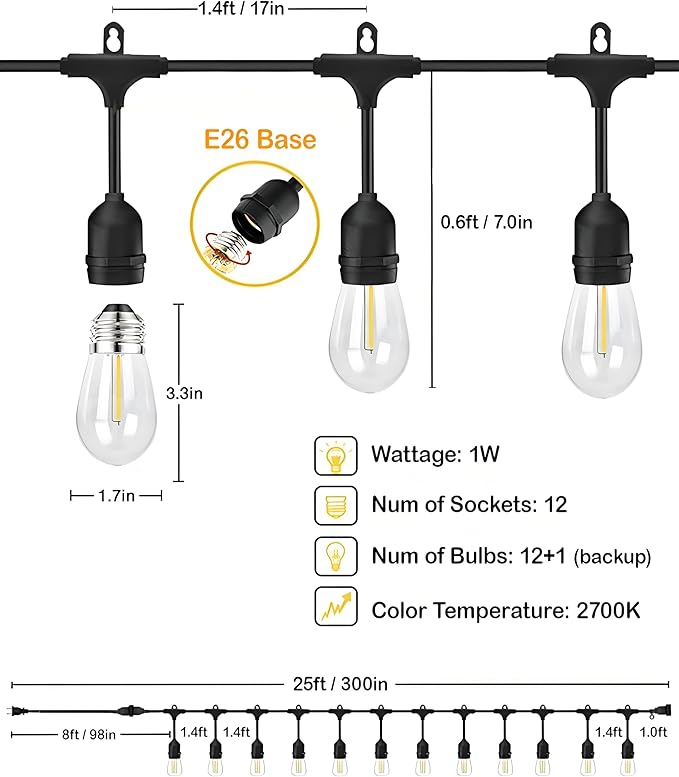 25FT Outdoor String Lights Waterproof, Patio Lights with 13 S14 Edison Bulbs, 120V LED Outside Lights for Porch, Balcony, Gazebo, Bistro, Garden, Backyard and Cafe Decor