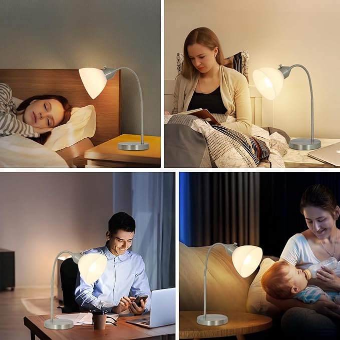LED Desk Lamp for Home Office, 3 Levels Dimmable Reading Light, Flexible Table Lamp for Bedside Office, Rotary Switch Control, Desk Lamp for College Dorm Study Lamp, Bulb Included, Sliver