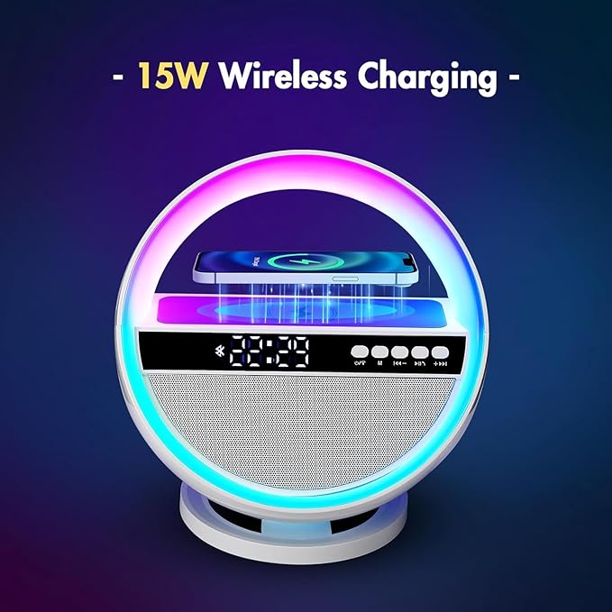 Mood Lamp with Up to 15W Wireless Charger, 6 in 1 Smart Alarm Clock, Bluetooth Speaker, LED Table Lamp with 12 RGB Colors, Bedside Nightstand Lamp, Modern Desk Lamp Gift - G5