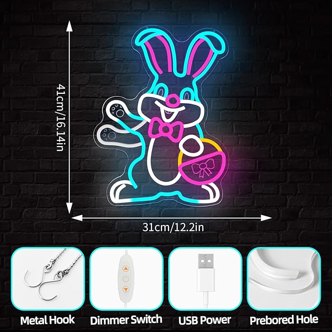 Easter Neon Sign Waving Bunny Neon Light Dimmable Spring Rabbit with Egg Basket Led Sign Easter Light Up Window Decorations Happy Easter Sign for Home