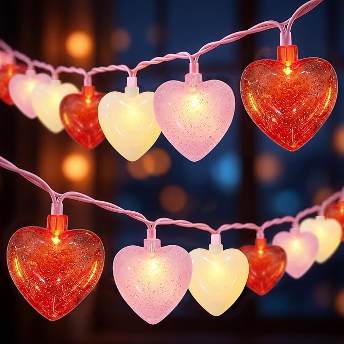 12Ft Heart String Lights, Valentines Day Decorations Lights with 20 LED Glitter Red White Pink Heart Light, Plug in Fairy Lights for Wedding Anniversary Proposal Valentines Day Decor