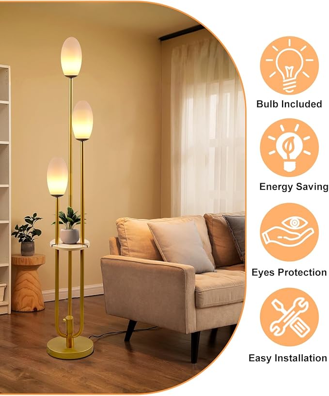 Gold Dimmable Floor Lamp with Table, Unique Candle Holder Style Tall Standing Lamps with 3000K G9 Bulbs for Reading, Mid Century Modern Floor Lamp for Living Room Bedroom Office