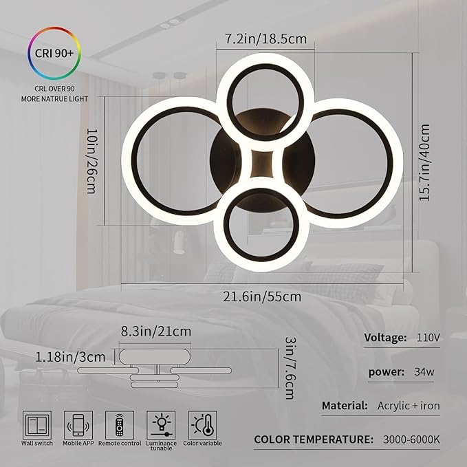 34W Modern LED Ceiling Light, 3000K-6000K Dimmable Ceiling Lighting Fixtures Ceiling Mount 4 Rings Black LED Chandelier Bedroom Lights Flush Mount with Remote for Kitchen, 2720LM