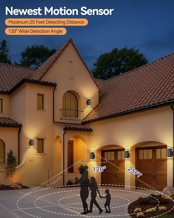 RAYVO Motion Sensor Outdoor Lights 2 Pack, Modern Dusk to Dawn Exterior Lighting Fixtures Up and Down Sconce with Black Finish, Waterproof Wall Mount Lighting for Porch Garage, Bulbs Included