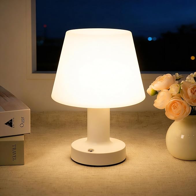 Small Mushroom Table Lamp, Cordless Night Light with 2600mAh Rechargeable Battery, Stepless Dimming Desk Lamp with 3 Colors for Bedroom/Patio/Living Room (White-2)