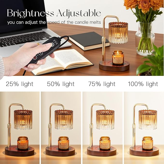 Candle Warmer Lamp with Timer: Amber Candle Warming Lamp with 2 Bulbs Height Adjustable Wax Melt Dimmable Bedroom Decor for Women