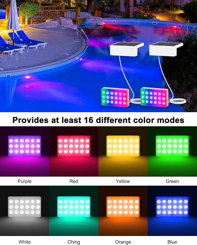 Solar Powered Underwater LED Submersible Pool Lights with Remote Control, IP68 Waterproof RGB 16-Color Changing Lights for Inground/Above Ground Swimming Pools, Outdoor Pond Decor & Party (2Pack)