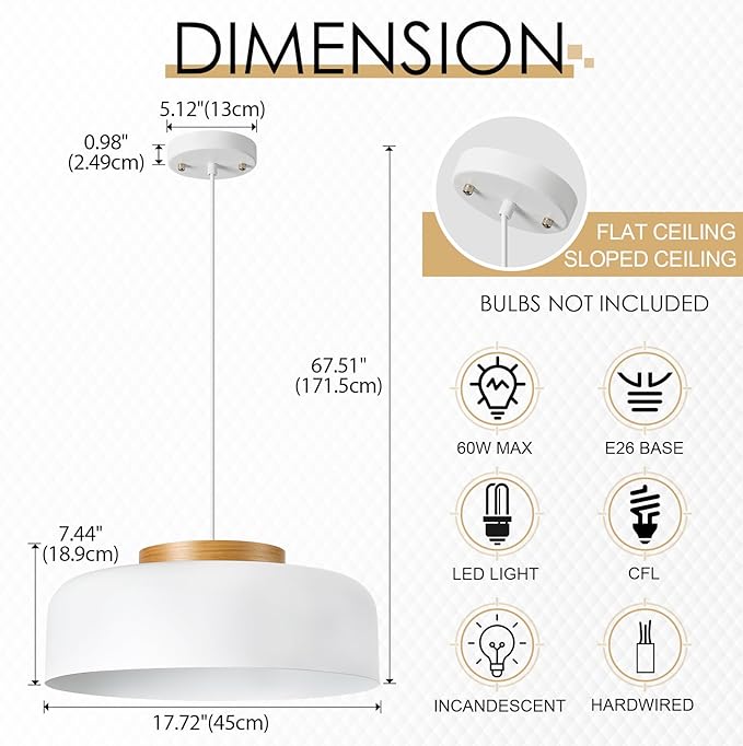 Large Pendant Lighting, 17.7 inch,Natural Wood Cap, Adjustable Cord,Simple Modern Chandelier for Dining Room, Kitchen Table Matte White