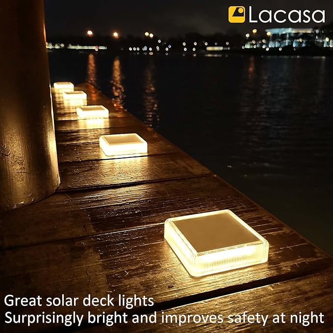 Lacasa Solar Deck Lights, 4 Pack 30LM LED Dock Lights Warm White 2700K, Outdoor Solar Powered Step Lights Light up All Night IP68 Waterproof Auto ON/Off for Garden Stairs Driveway Pathway Lighting