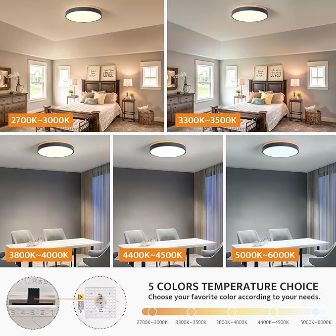 Dimmable Wood LED Flush Mount Ceiling Light, 5CCT 2700K-6000K Selectable Modern Round Close to Ceiling Lighting Fixtures, Minimalist Grey Ceiling Lamp for Living Room, Bedroom, Laundry Room