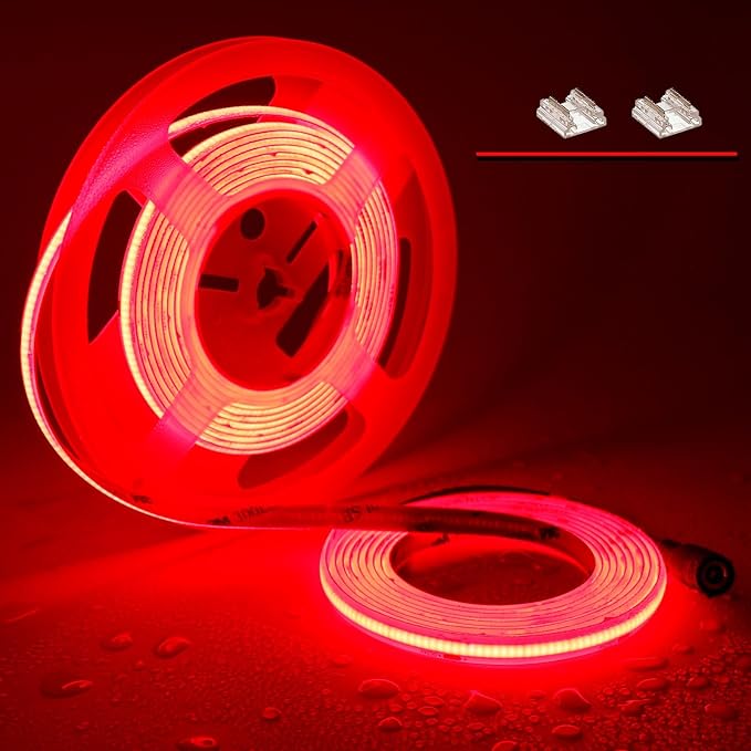 TOPAI 24V Red COB LED Strip Waterproof IP65 Outdoor 16.4ft Super Bright Dotless High Density 480LEDs/M Cuttable Flexible LED Tape Light for Cabinet Home DIY Lighting Projects