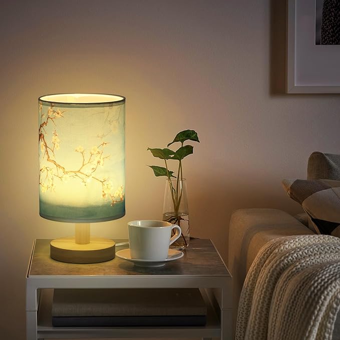 Fabric Wood Table Lamp for Bedroom, USB LED Bedside Night Lamp with Linen Fabric Lampshade, Decorative Bedroom Nightstand Light, Vintage Small Nightlight for Home Office Hotel Present(Style 2)