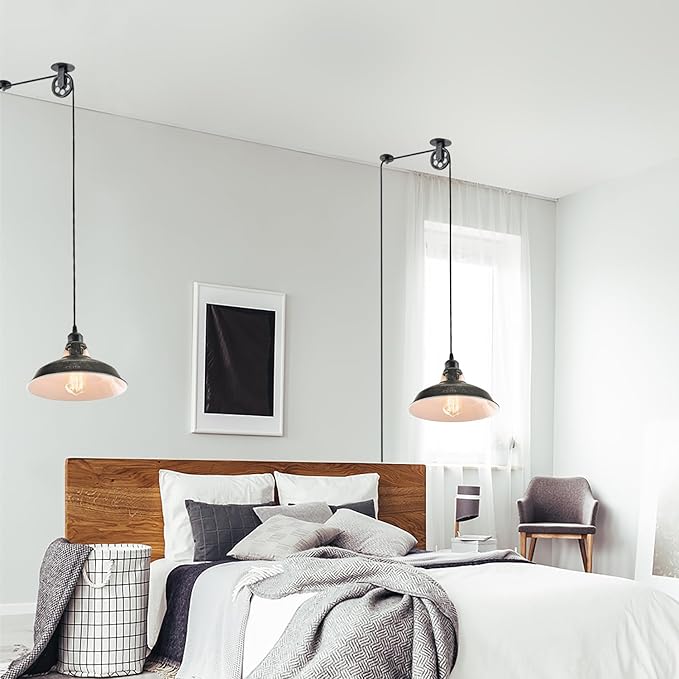 Plug in Pendant Light With Switch,Vintage Industrial Design,16.4ft Cord,Adjustable Pulley,Easy Install,Ideal For Living Room,Pool Table,Bedroom,Kitchen,Sloped Ceiling,Bar,Outdoor Shed(Silver Black)